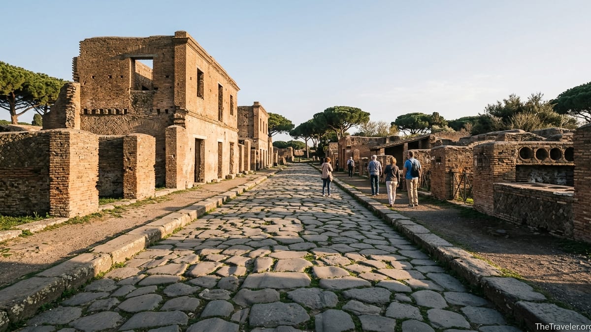 Late afternoon view of Ostia Antica’s main street lined with brick ruins and ancient shops.