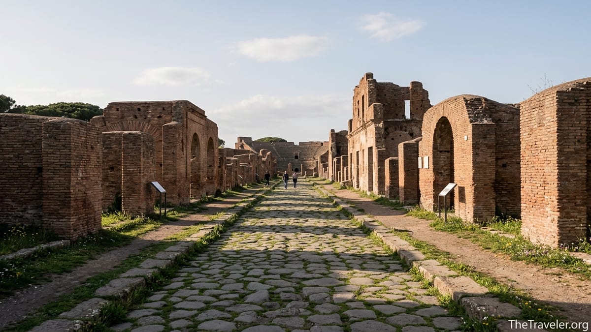 Late afternoon view along the main Roman street of Ostia Antica with brick ruins and visitors walking.