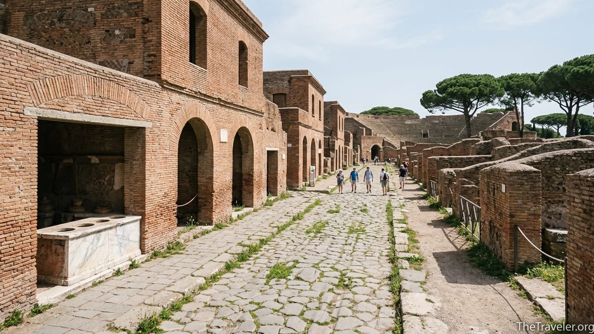 Ancient brick streets and multi story ruins of Ostia Antica under soft sunlight with a few visitors walking.