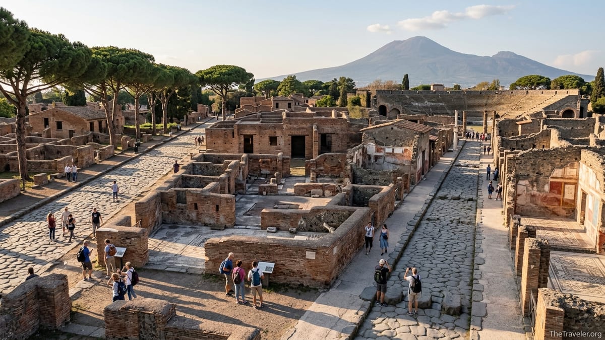 Visitors walking through sunlit ruins at Ostia Antica with Mount Vesuvius and Pompeii in the distance.