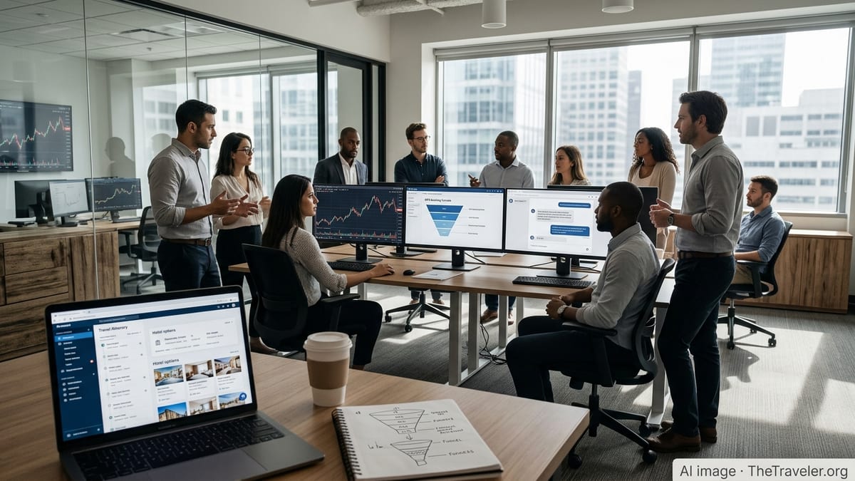 Analysts in a travel tech office reviewing charts and an AI travel assistant on large monitors.