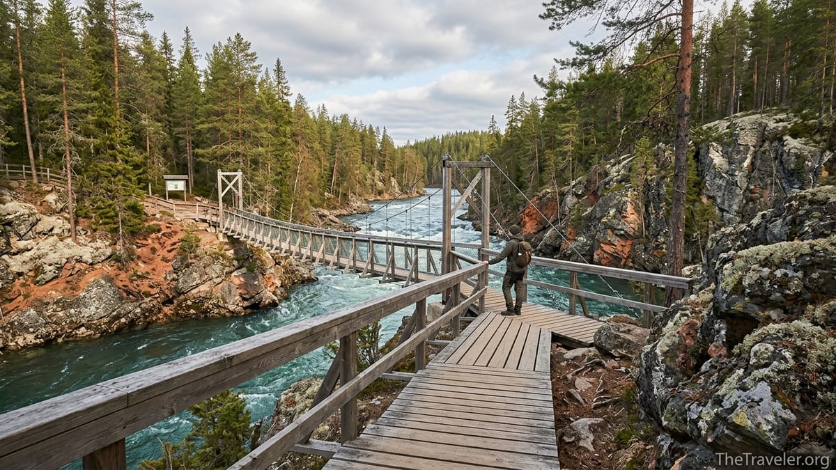 Hiker standing by a wooden suspension bridge over rapids in Oulanka National Park.