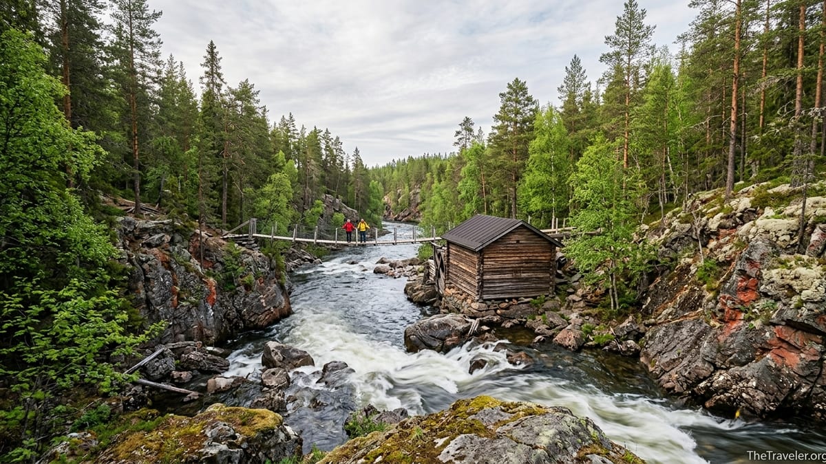 Rapids and suspension bridge over the forested river canyon in Finland’s Oulanka National Park.