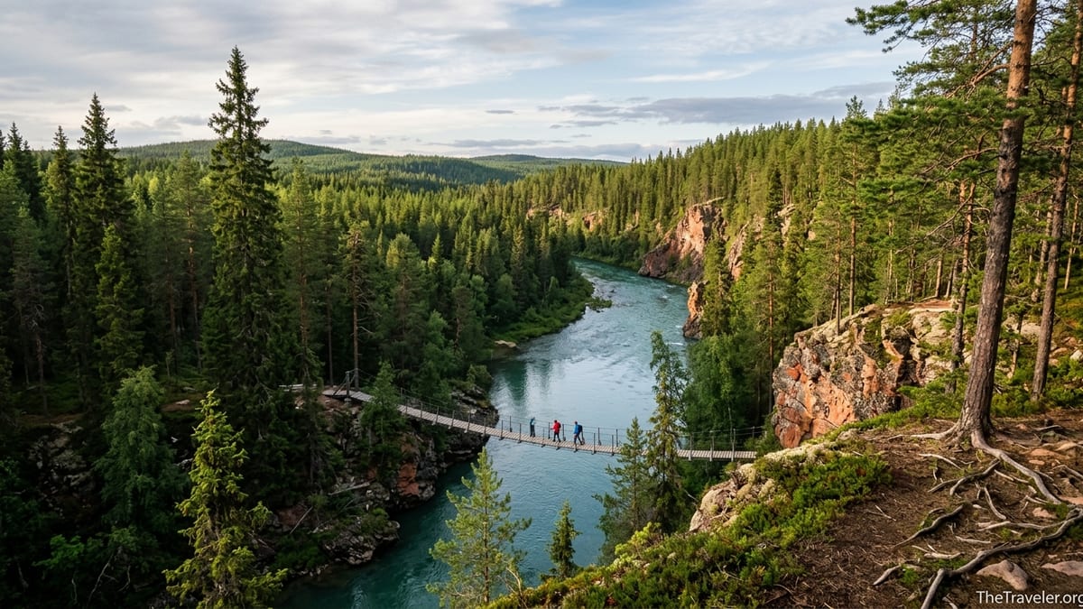 Hikers crossing a suspension bridge over a turquoise river in Oulanka National Park, surrounded by dense Finnish forest.