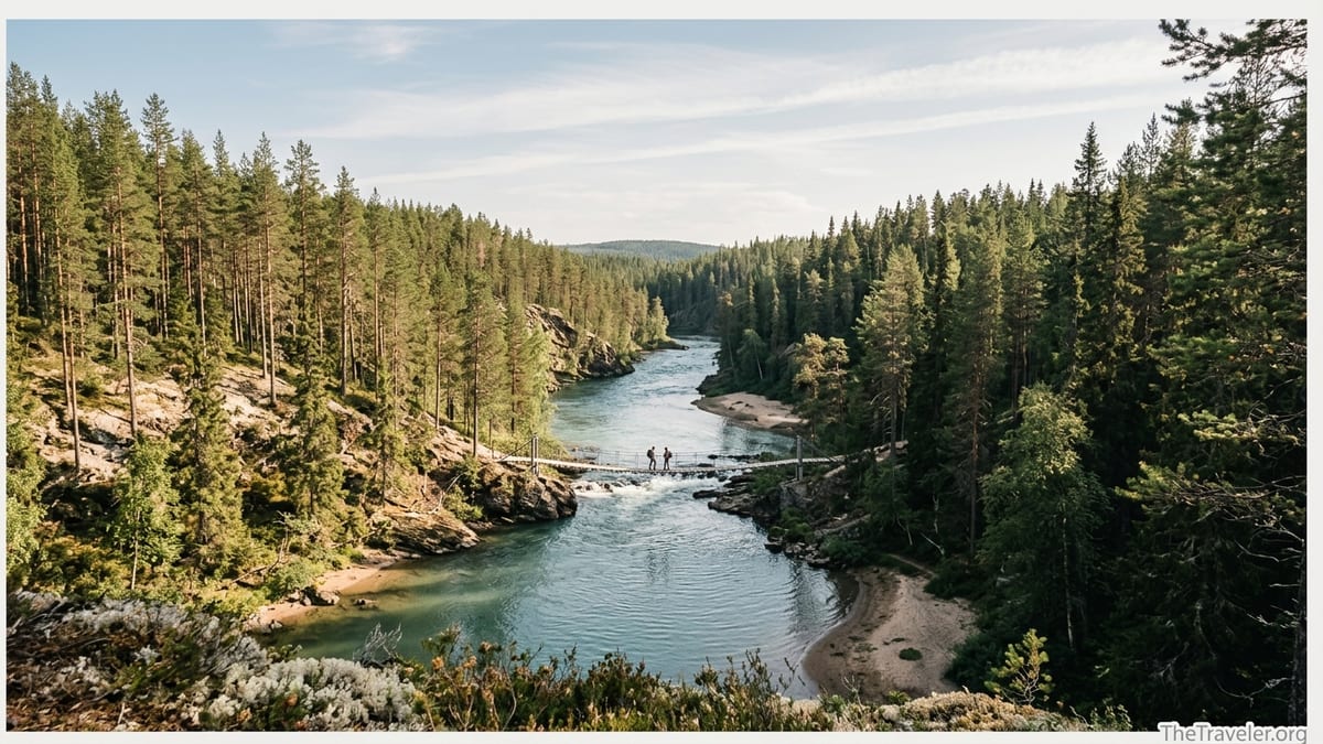 View over forested canyon and suspension bridge spanning the river in Oulanka National Park, Finland.
