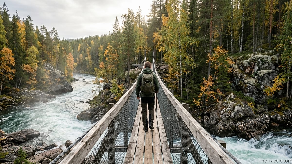Hiker crossing a suspension bridge over rapids in Oulanka National Park in early autumn.
