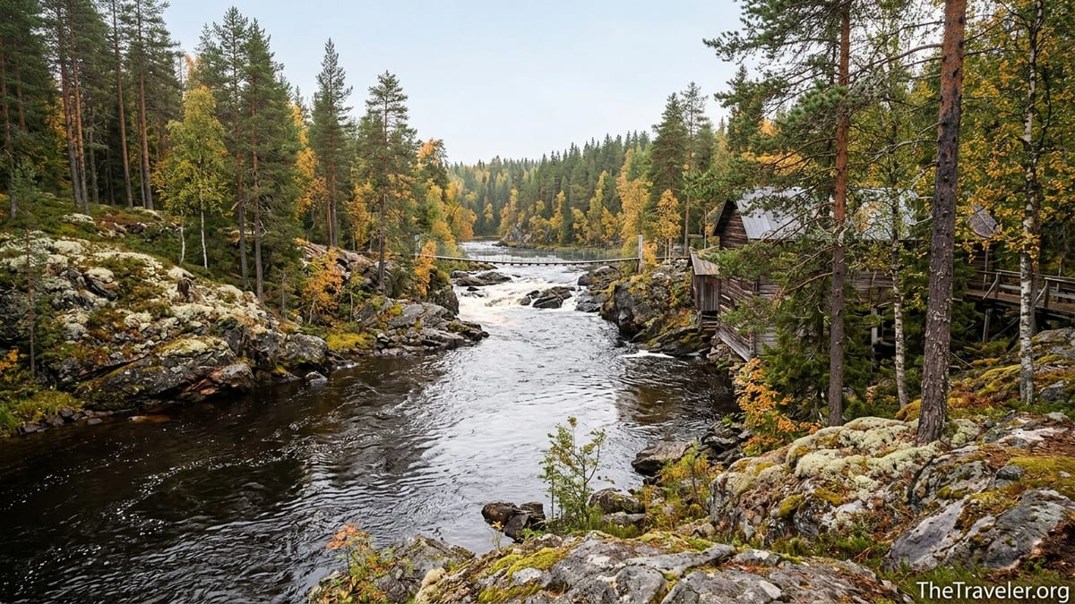 Autumn view of Oulanka National Park river gorge with forest, rapids and suspension bridge in Finland.