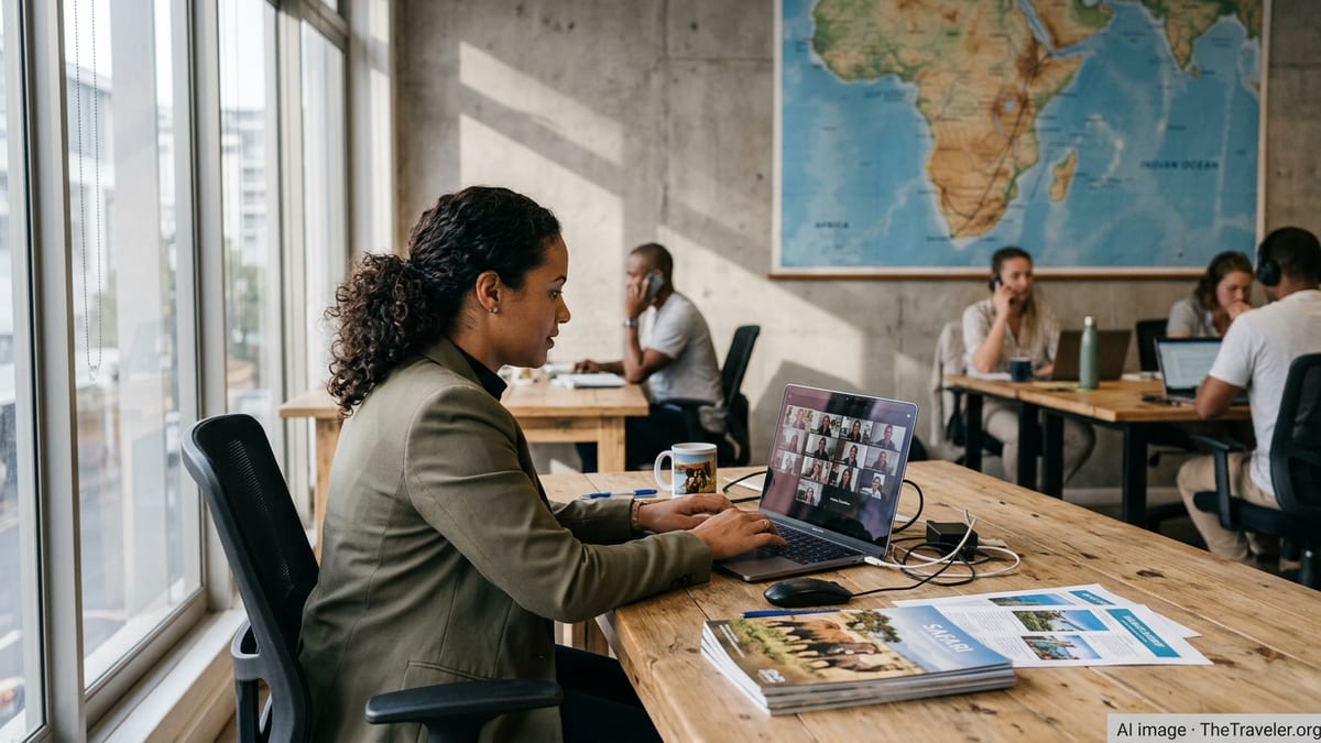 Travel trade professional in Africa on a video call, laptop open with multiple buyers, in a bright coworking space.