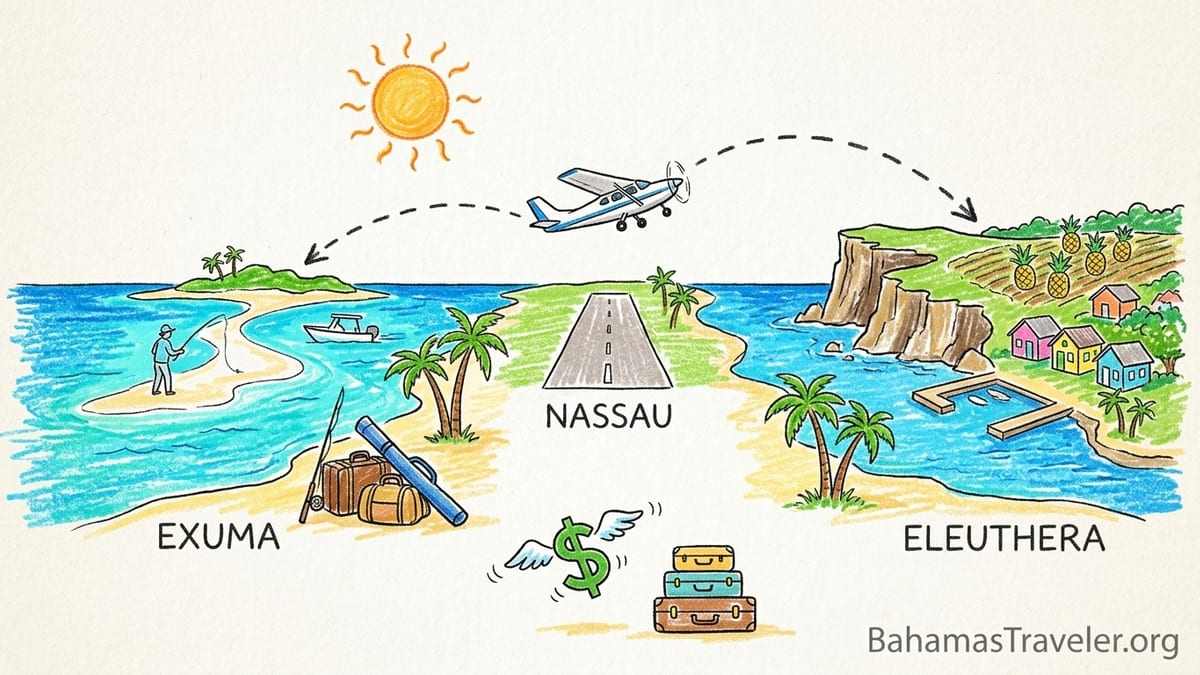 Traveler’s suitcase on a dock near a small plane and turquoise water in the Bahamas Out Islands.