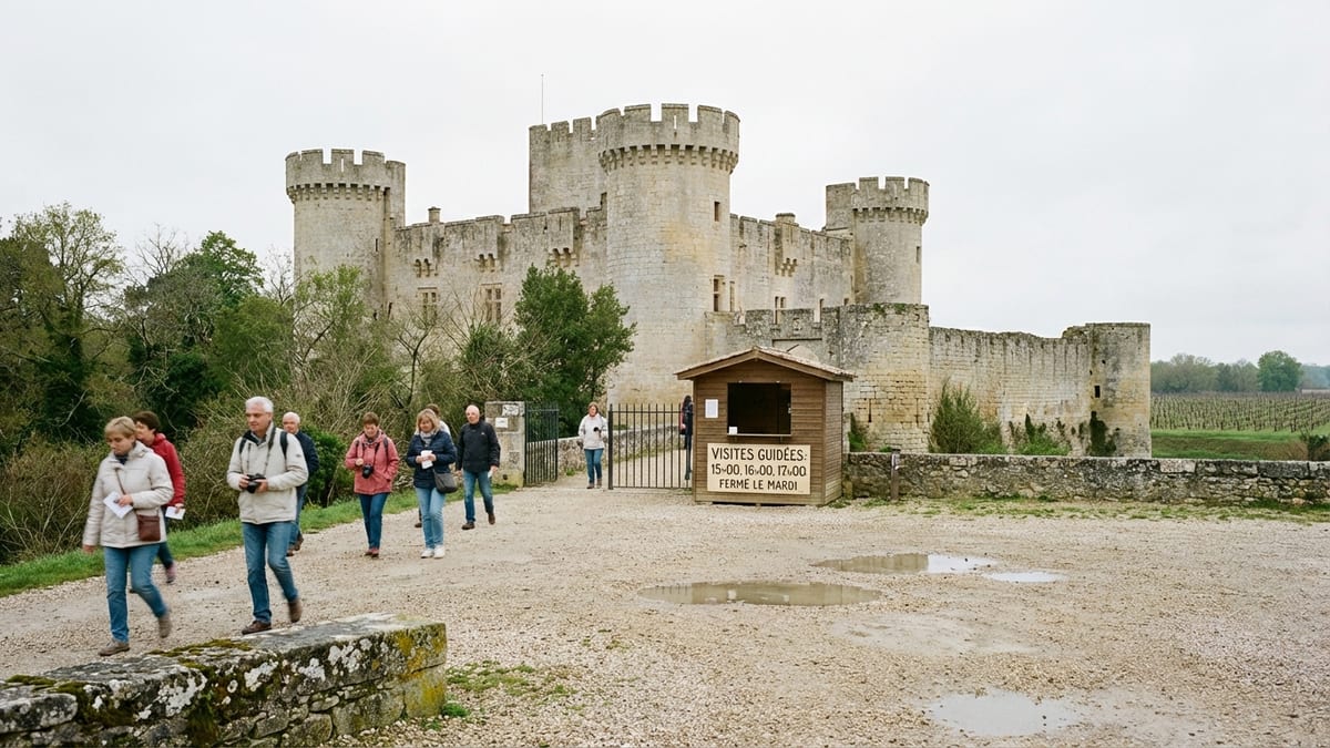 Overcast afternoon view of Château de Roquetaillade with approaching visitors.