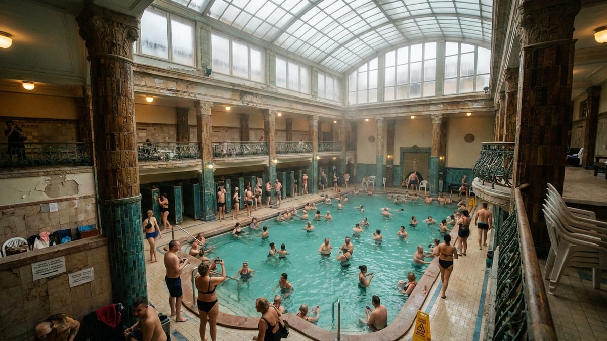 Overcast morning at Gellért Thermal Bath showcasing Art Nouveau architecture. 