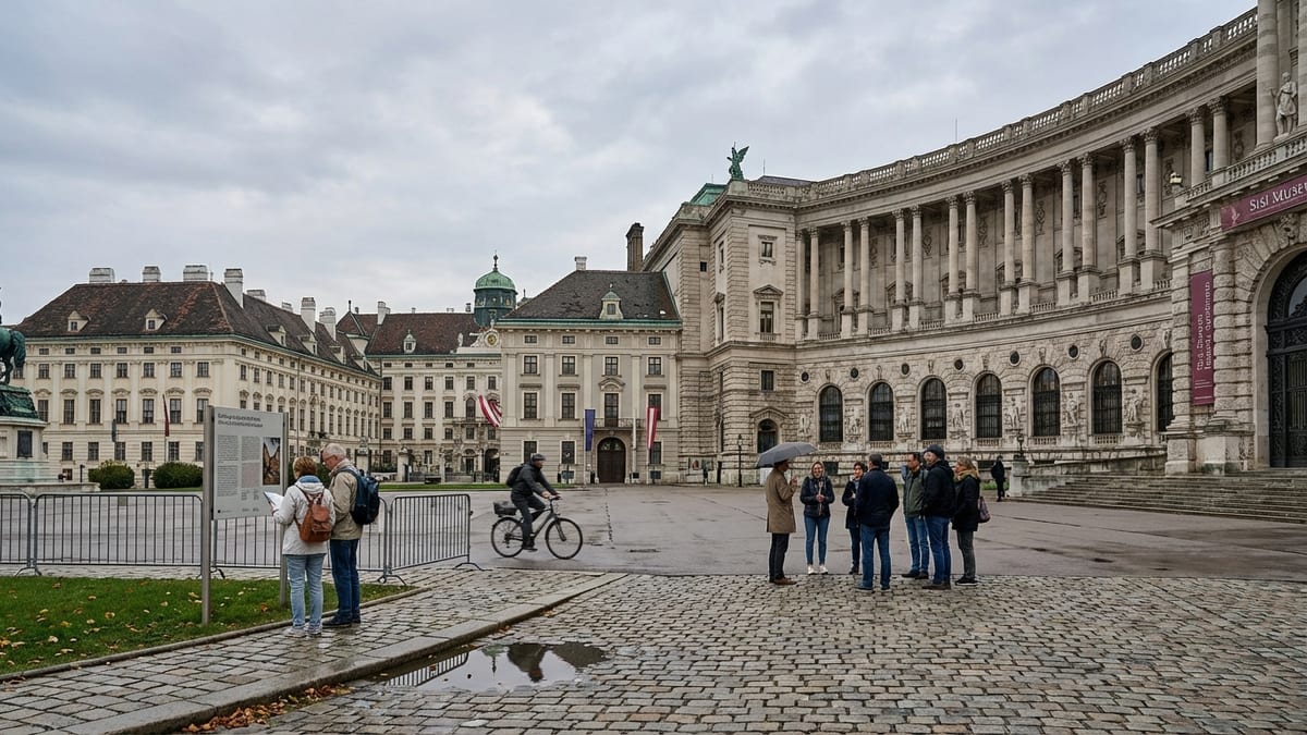 Overcast view of Vienna's Hofburg Palace complex from Heldenplatz in early autumn. 