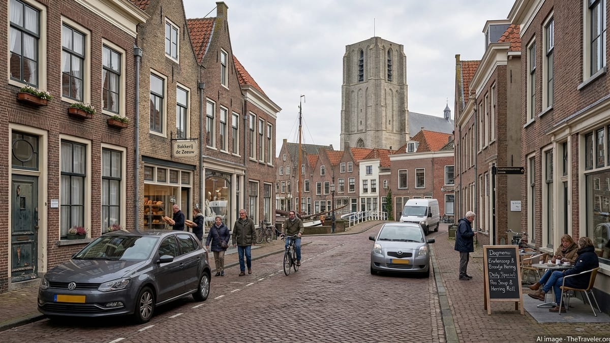 Overcast afternoon in Zierikzee's historic center with pedestrians, cars, and traditional Dutch architecture.