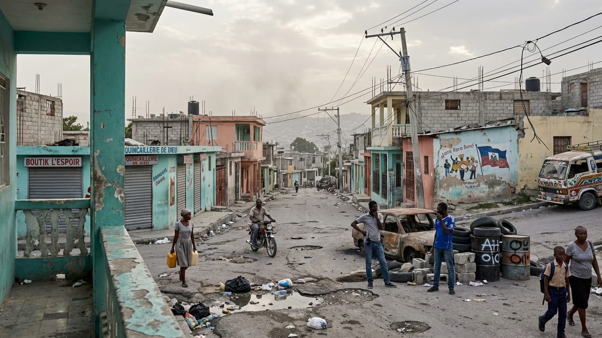 Overhead view of a tense, everyday street scene in Port-au-Prince, Haiti.