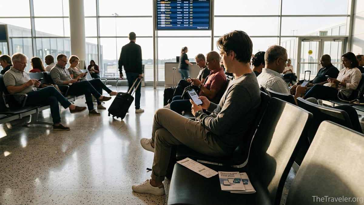 Traveler at an airport gate reviewing mobile daily roaming options on a smartphone.