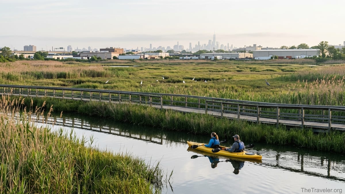 Kayakers paddle through quiet marshes in the New Jersey Meadowlands at sunrise with the distant skyline beyond.