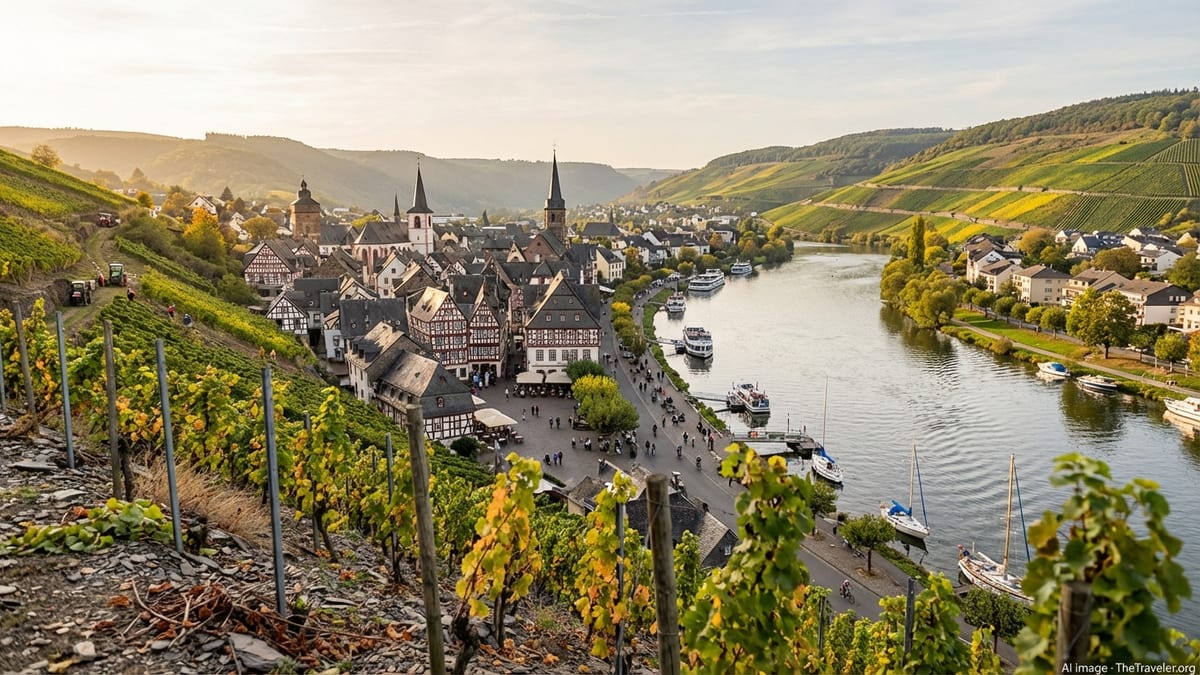 Overlooking autumn vineyards and medieval Bernkastel-Kues on the Moselle River.