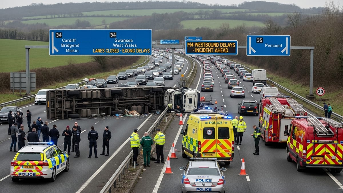 Overturned lorry on M4 causes major disruption and emergency response.