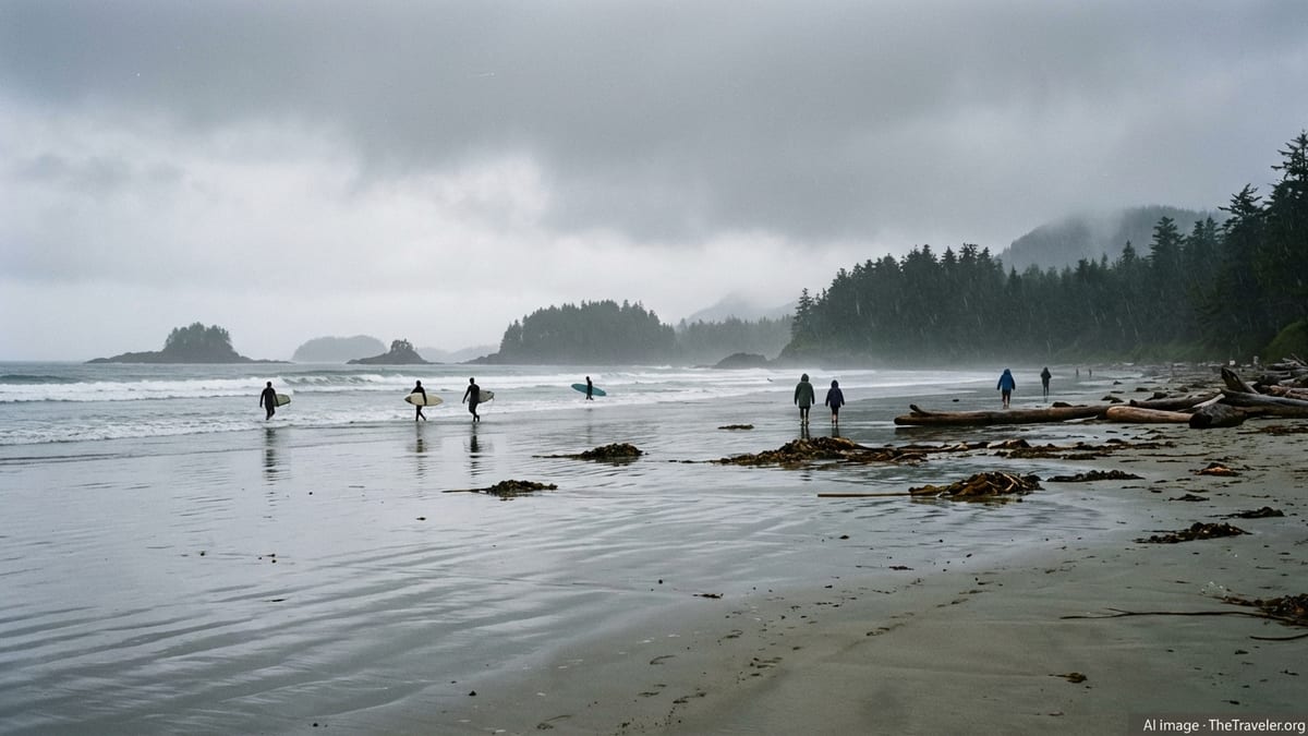 Moody overcast day on Long Beach in Pacific Rim National Park Reserve with surfers and walkers on wet reflective sand.