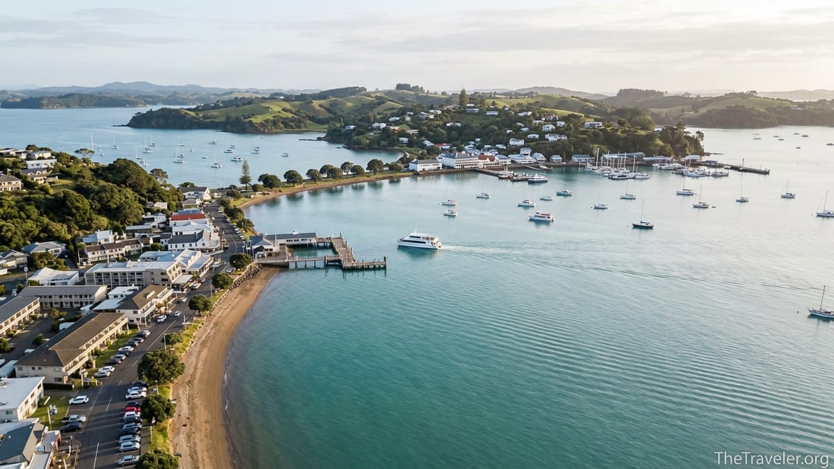 Aerial view of Paihia and Russell facing each other across the Bay of Islands at sunset.