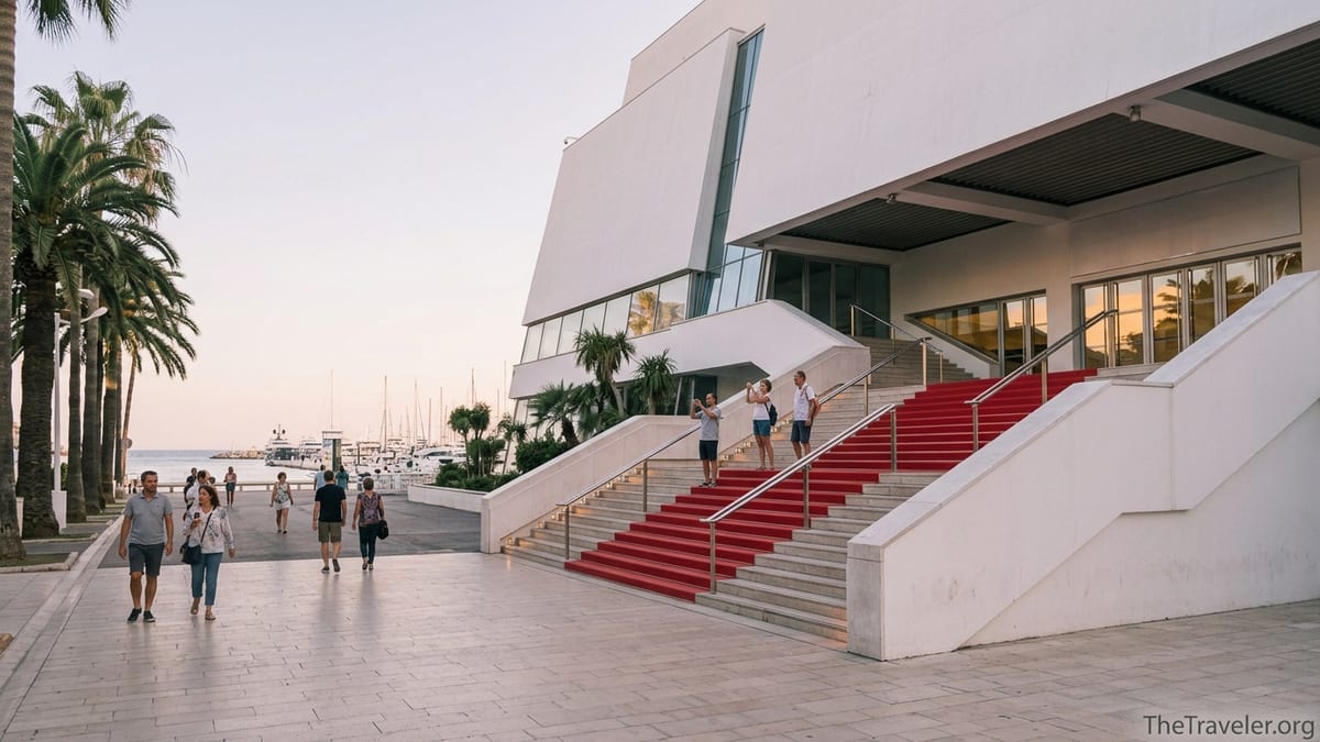 Golden-hour view of Cannes’ Palais des Festivals with red-carpet steps and people walking along the Croisette.