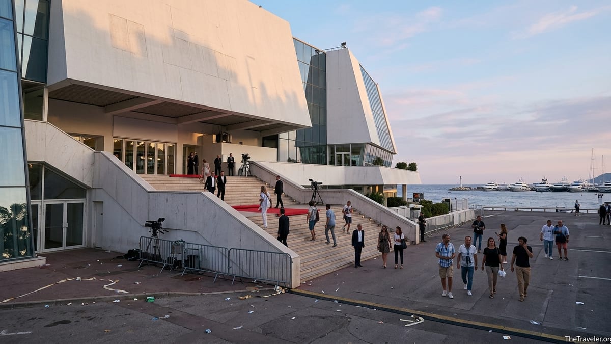 Evening view of Cannes’ Palais des Festivals with people on the red-carpeted steps by the sea.