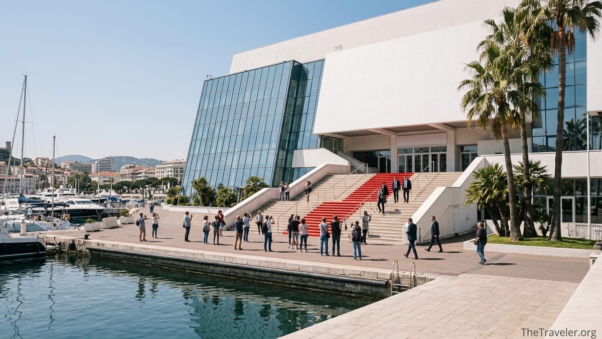 View of the Palais des Festivals in Cannes with people on the famous steps and yachts in the nearby harbor.