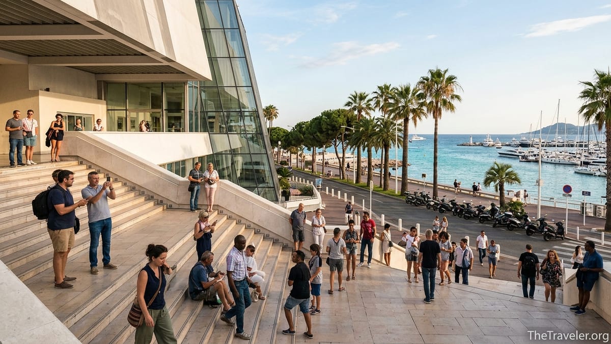 Visitors standing on the steps of the Palais des Festivals in Cannes overlooking the bay.