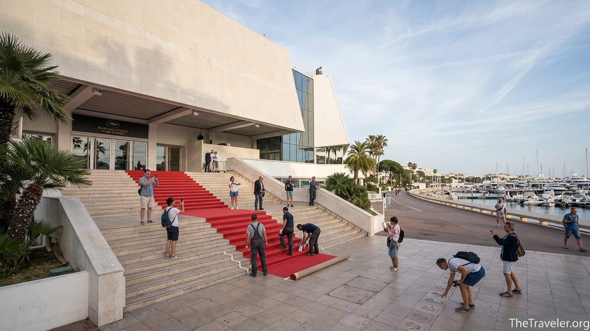 Visitors on the steps of the Palais des Festivals in Cannes on a sunny afternoon