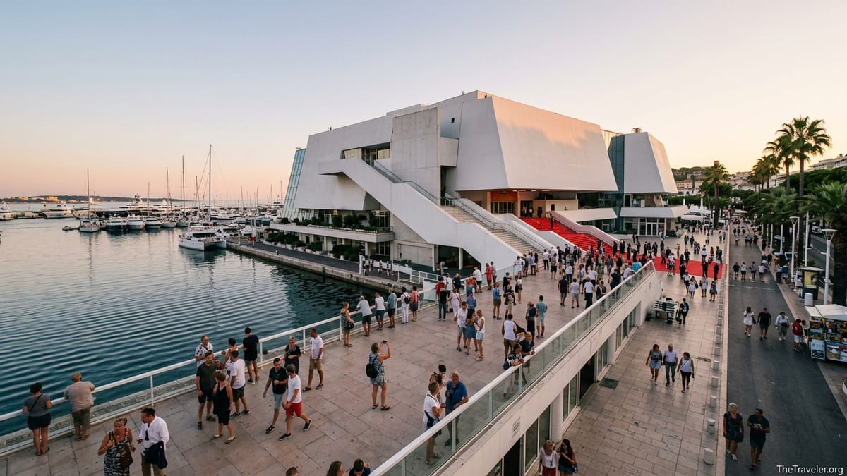 Palais des Festivals in Cannes at golden hour with tourists on the red-carpet steps and yachts in the nearby harbor.