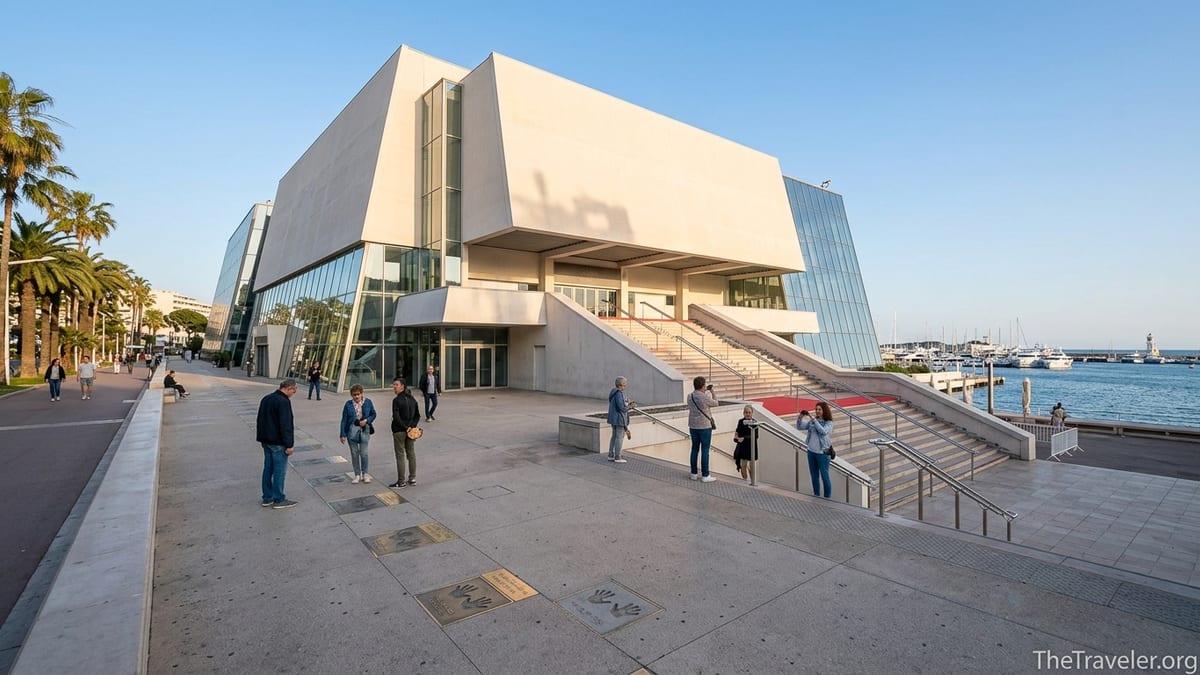 Visitors exploring cinema handprints and steps outside the Palais des Festivals in Cannes
