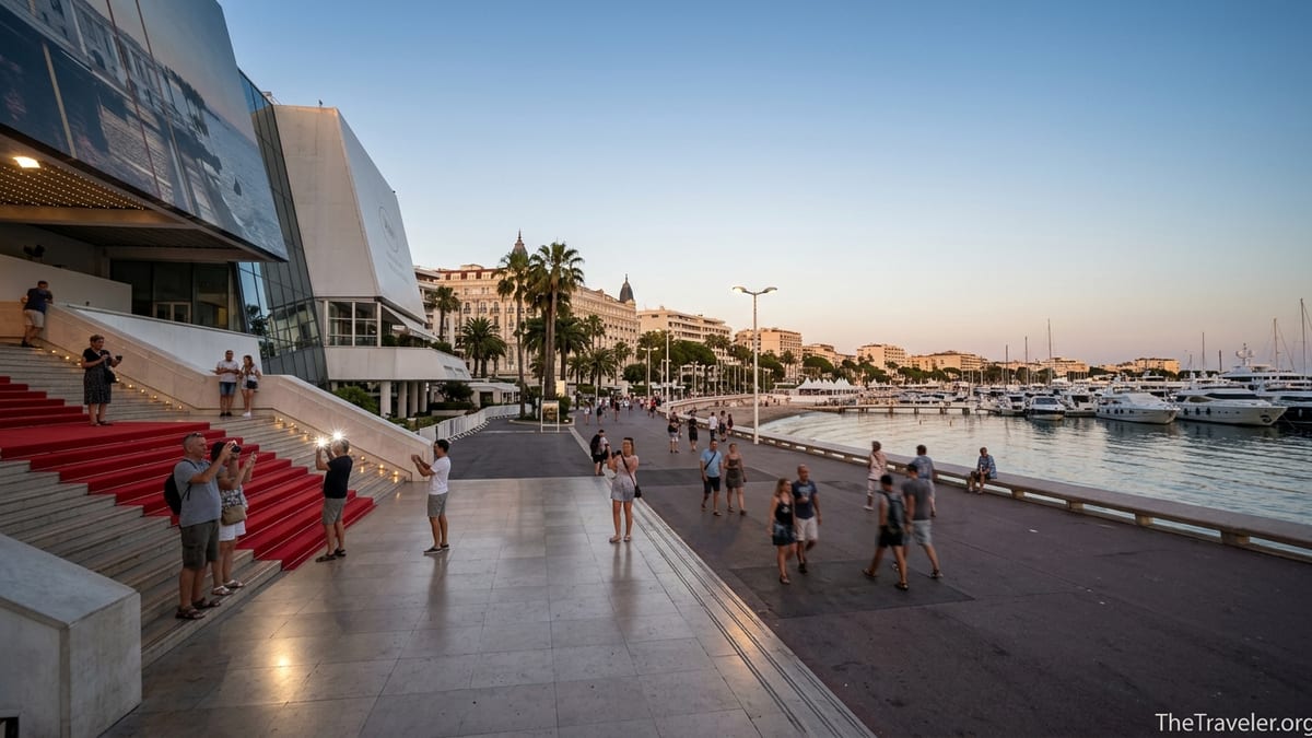 Evening view of Cannes’ Palais des Festivals steps overlooking La Croisette and the yacht-filled bay.