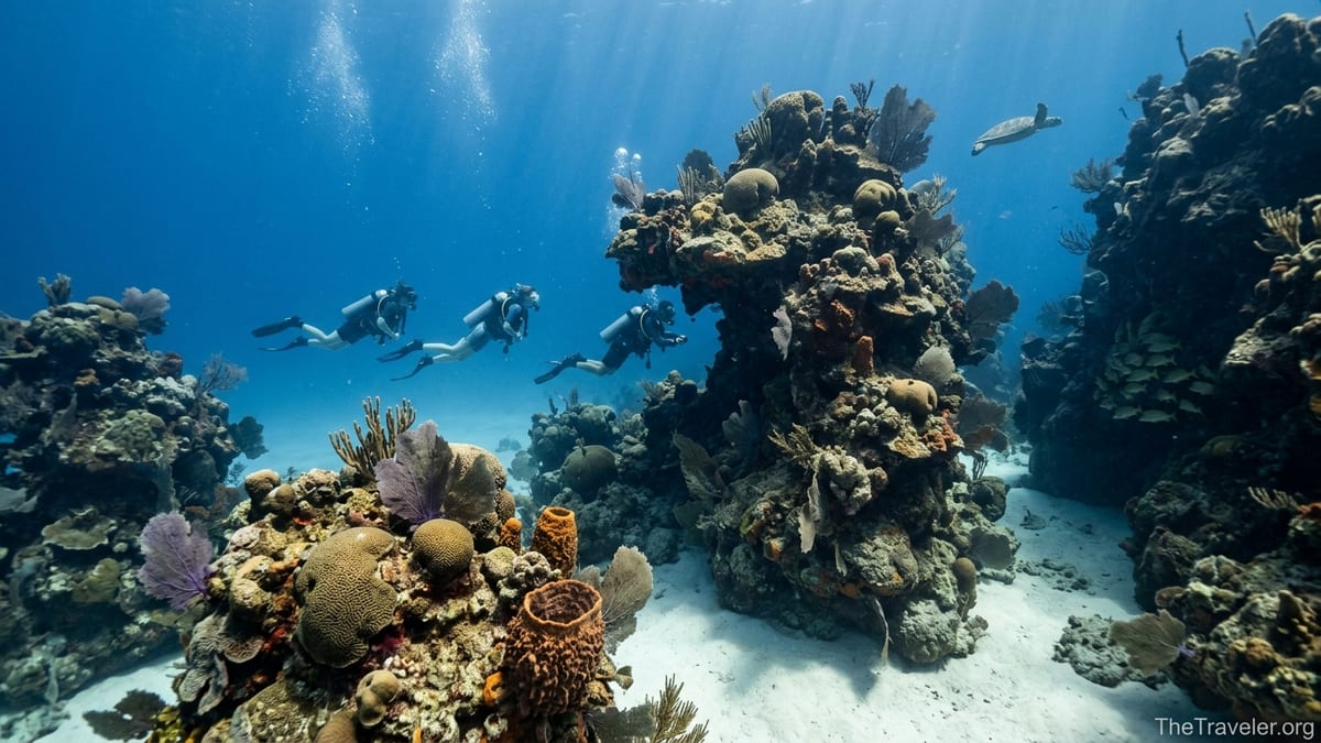 Divers drifting past towering coral buttresses and sand channels at Palancar Bricks reef in Cozumel