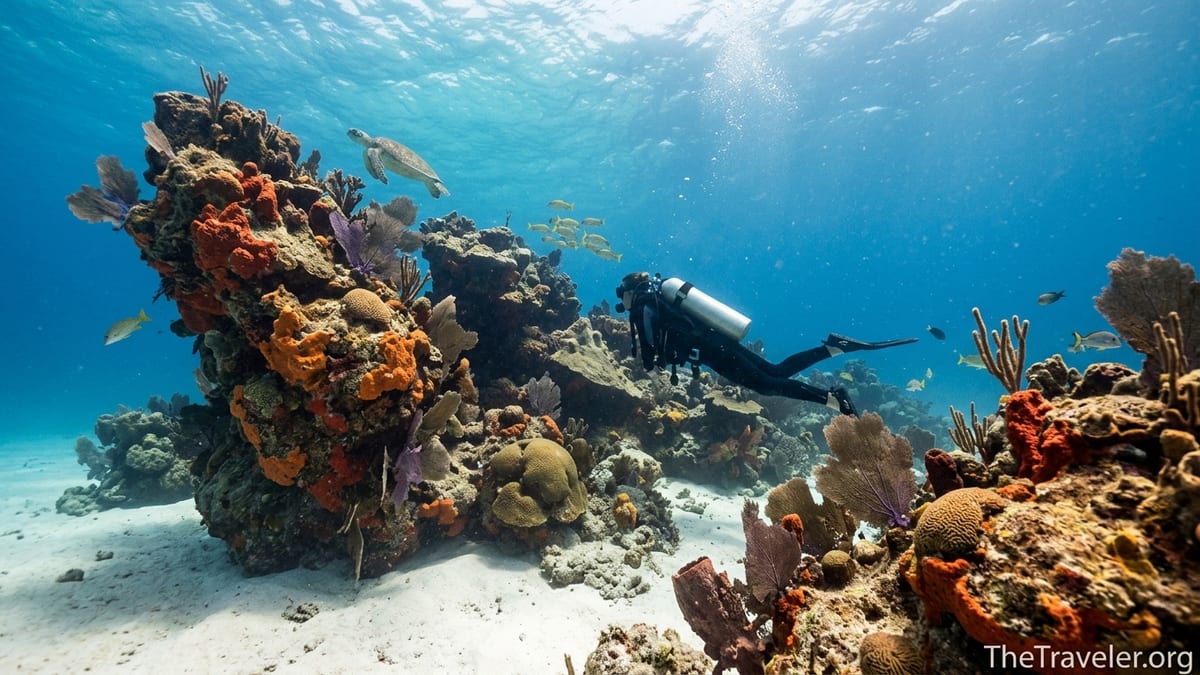 Scuba diver drifting past towering coral formations at Palancar Gardens in Cozumel