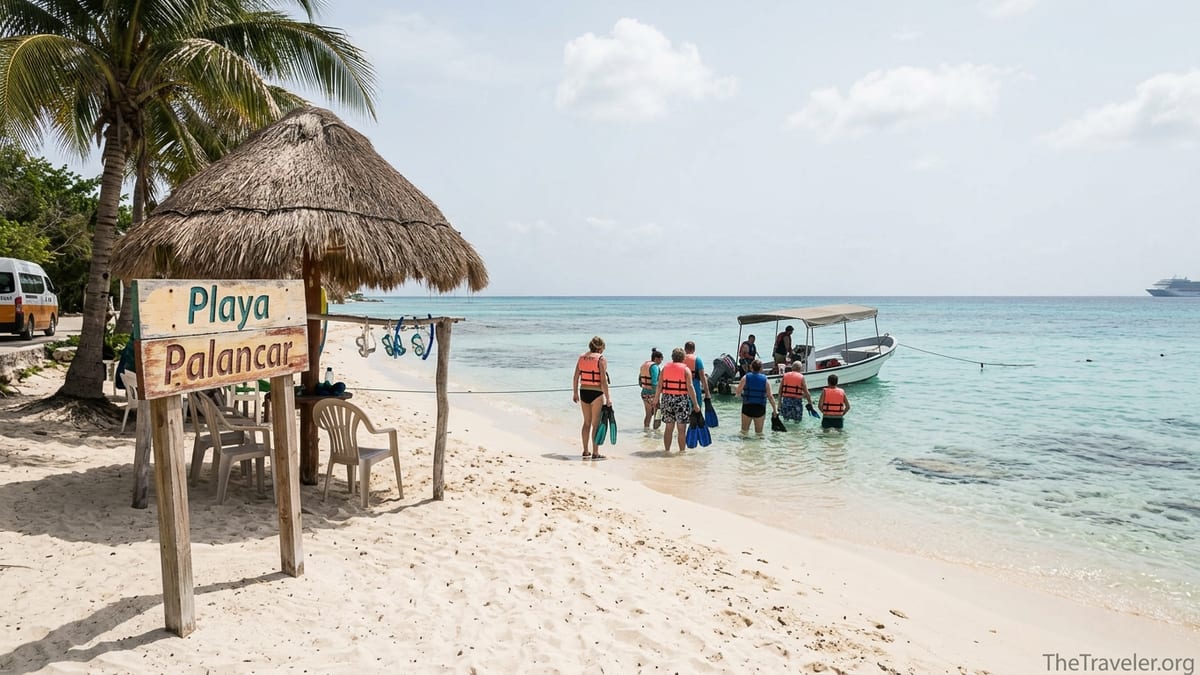 Cruise passengers at Playa Palancar preparing to board a small snorkel boat for Palancar Reef in Cozumel.