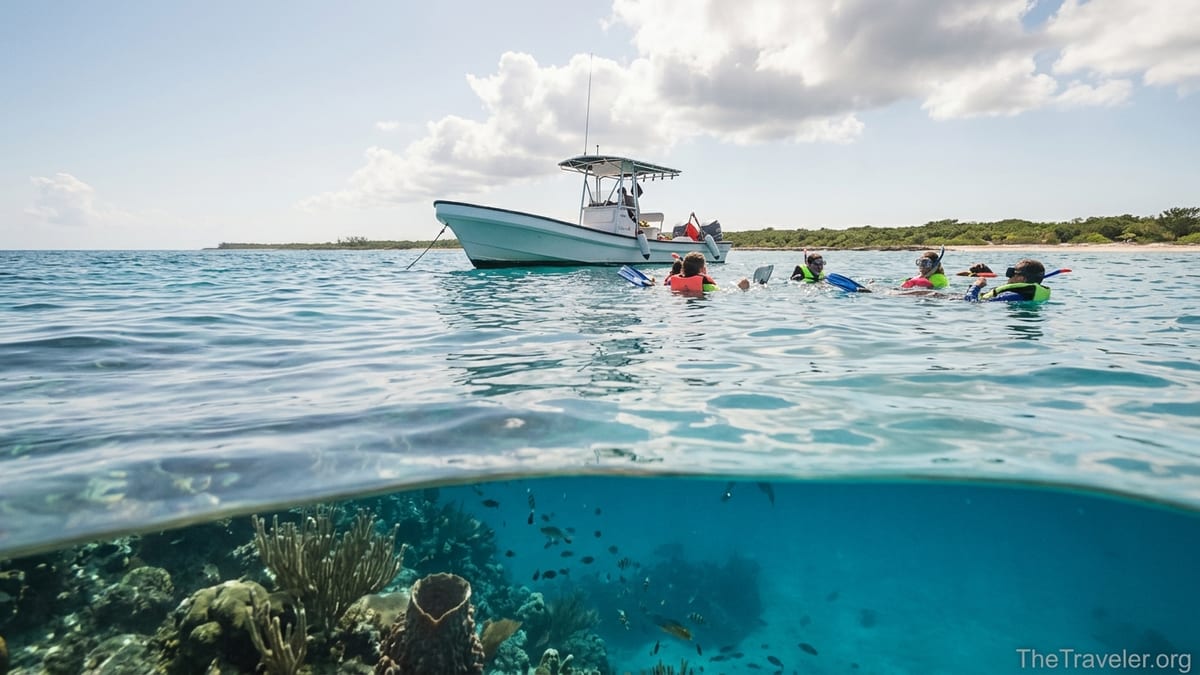Snorkelers and a small boat floating above clear turquoise water at Palancar Reef in Cozumel.