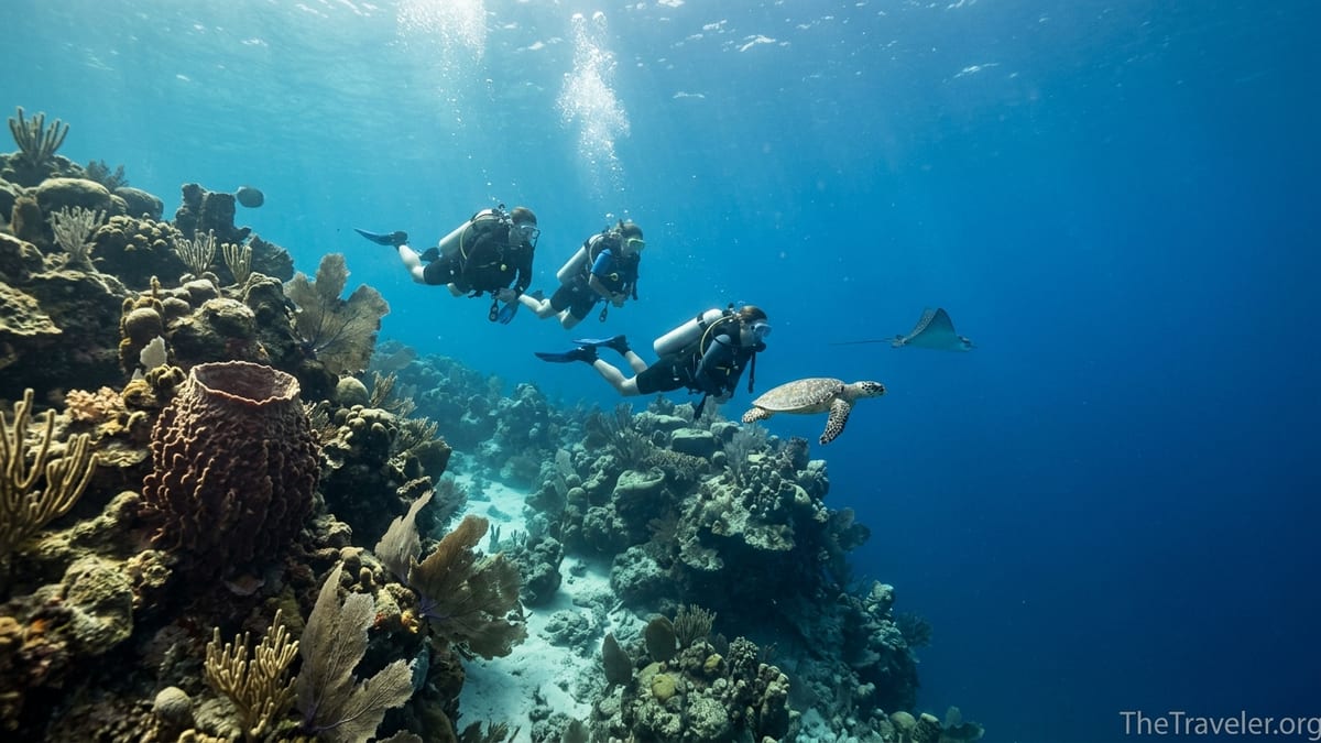 Divers drift along the coral wall of Palancar Reef in clear blue Cozumel water.