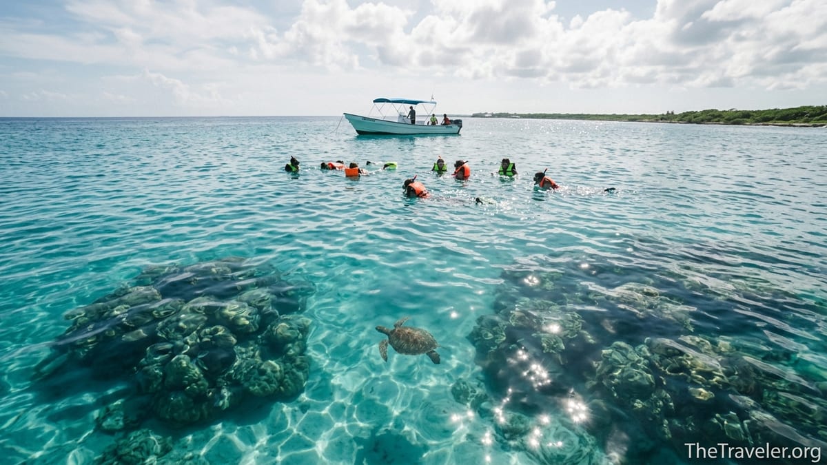 Snorkelers floating above clear turquoise water on Palancar Reef off Cozumel.