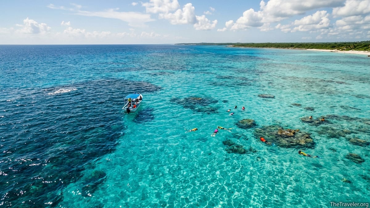 Snorkel boat floating over the turquoise shallows of Palancar Reef off Cozumel, Mexico