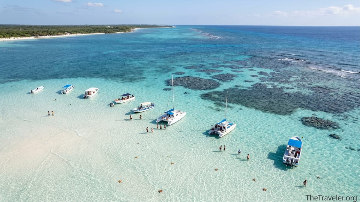 Aerial view of El Cielo’s shallow turquoise sandbar and nearby Palancar Reef off Cozumel with boats and snorkelers in clear,青