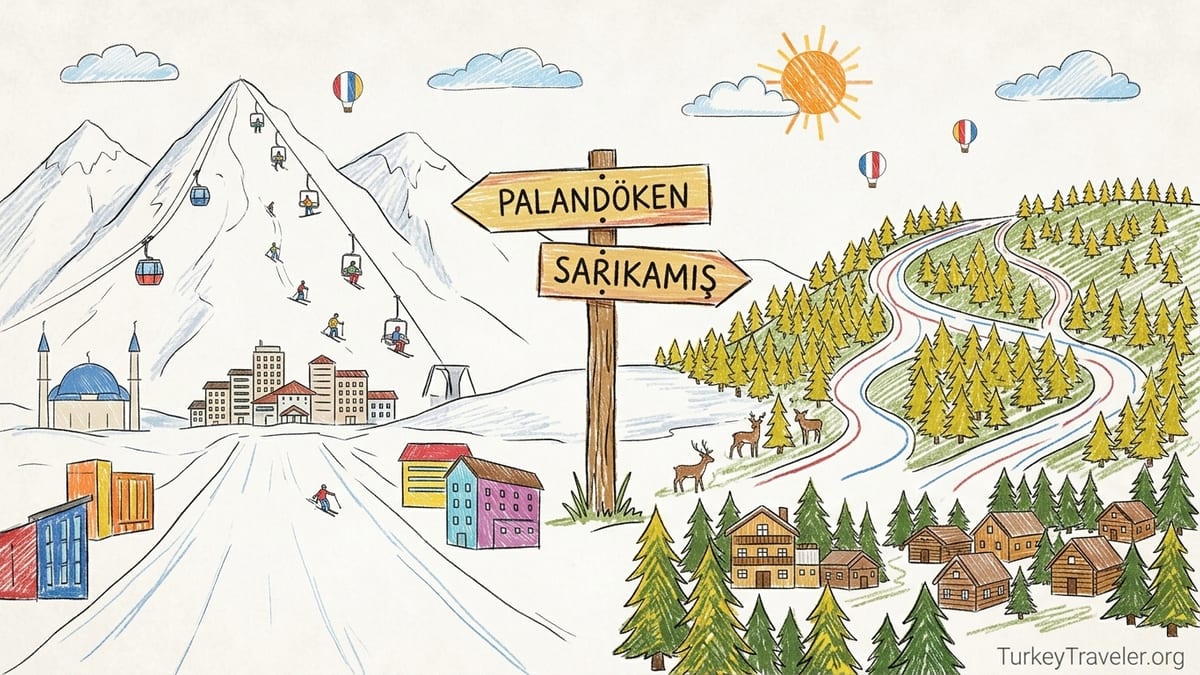Winter view of Palandöken’s open slopes and Sarıkamış pine forests with ski hotels in Eastern Anatolia.