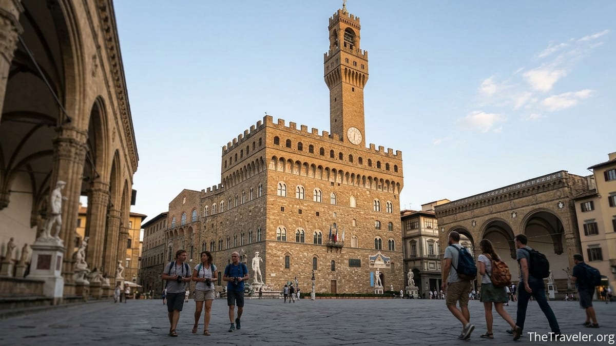 Palazzo Vecchio and its tower above a busy Piazza della Signoria in Florence at golden hour.