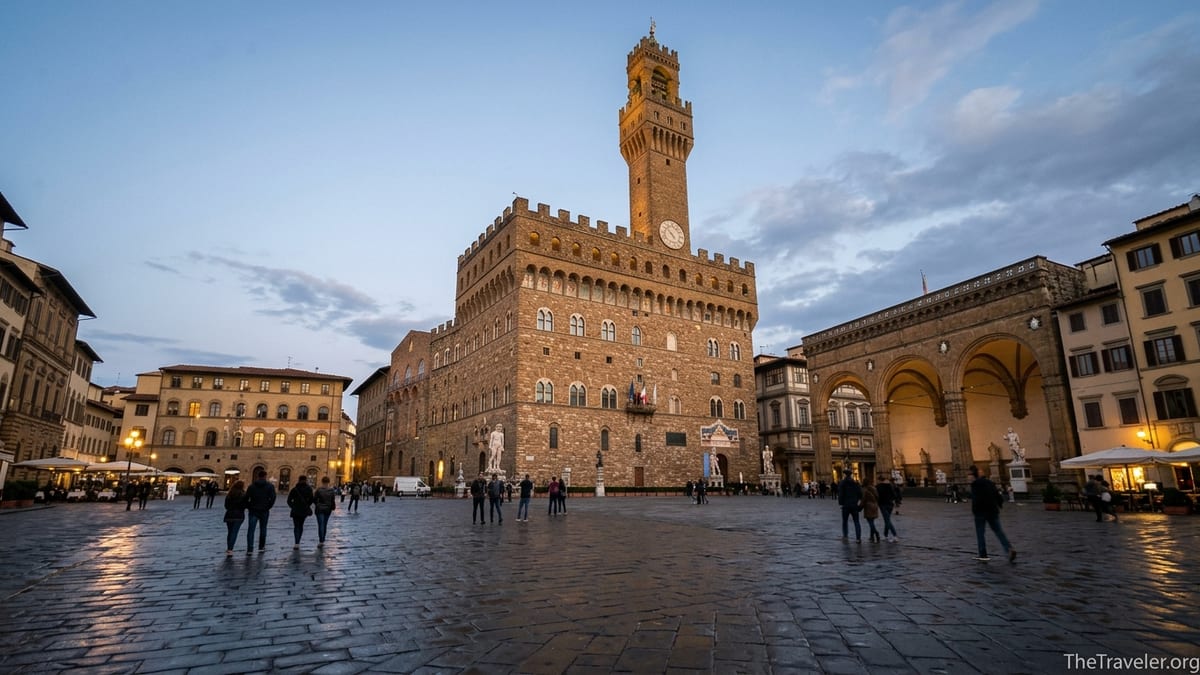 Palazzo Vecchio and its tower illuminated at dusk above a wet Piazza della Signoria in Florence.