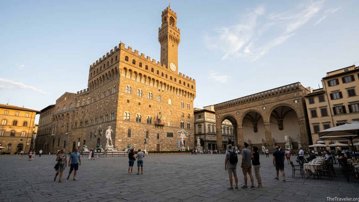 Palazzo Vecchio and its tower overlooking a busy Piazza della Signoria at sunset in Florence.
