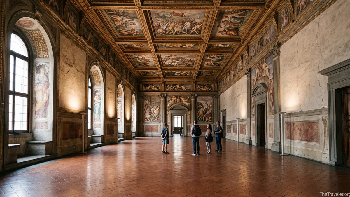 Interior of Palazzo Vecchio with frescoed coffered ceilings and visitors quietly observing the ornate Renaissance hall.