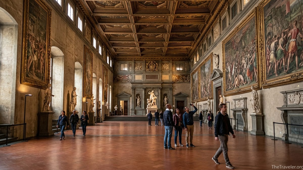 Visitors walking through the frescoed Salone dei Cinquecento inside Palazzo Vecchio in Florence.