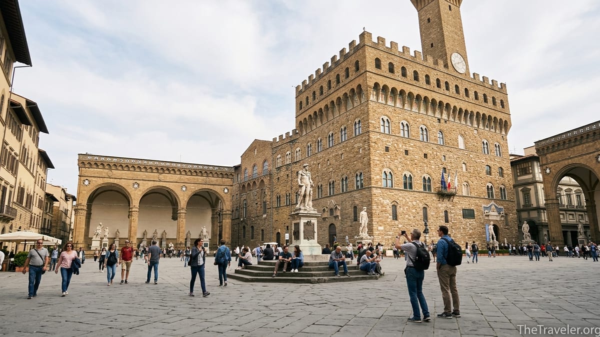 Visitors in Piazza della Signoria in front of Florence’s Palazzo Vecchio and Arnolfo Tower on a bright day.