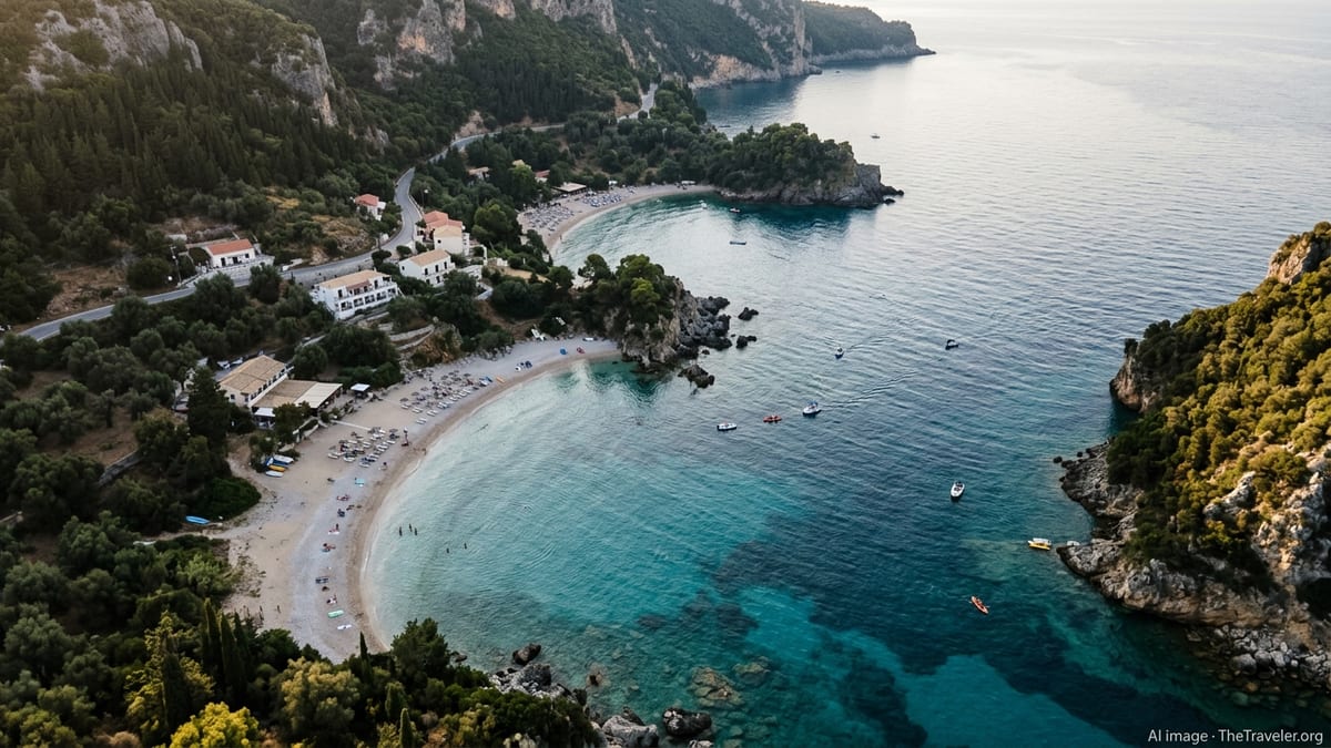 Aerial view of Paleokastritsa Beach on Corfu with turquoise coves, forested cliffs and small boats in calm water.