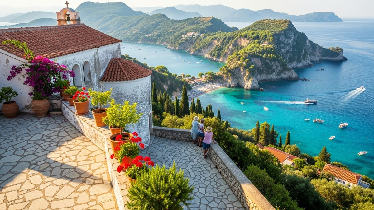 View from Paleokastritsa Monastery's terrace overlooking the Ionian Sea