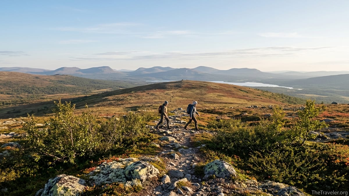 Hikers walk along a fell ridge in Pallas–Yllästunturi National Park with Arctic hills and a lake in the distance.